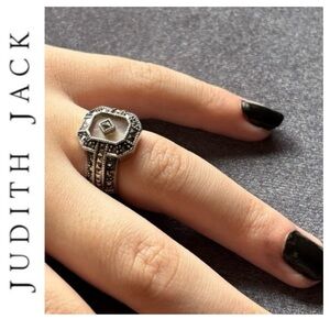 Vintage Art Deco Camphor Glass STERLING SILVER Black Marcasite Ring